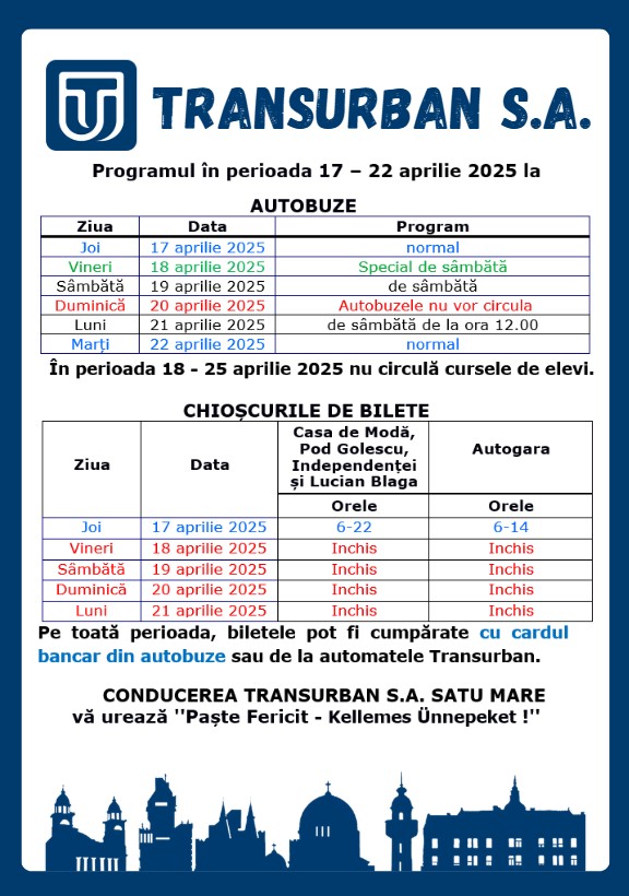 Programul autobuzelor Transurban S.A. Satu Mare în perioada sărbătorilor pascale