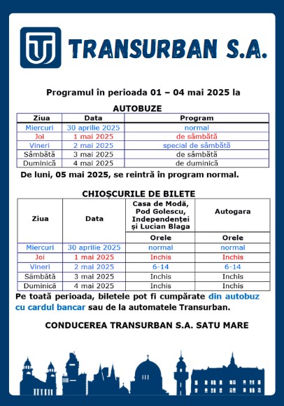 Modificări în programul Transurban S.A. Satu Mare între 1-4 mai 2025