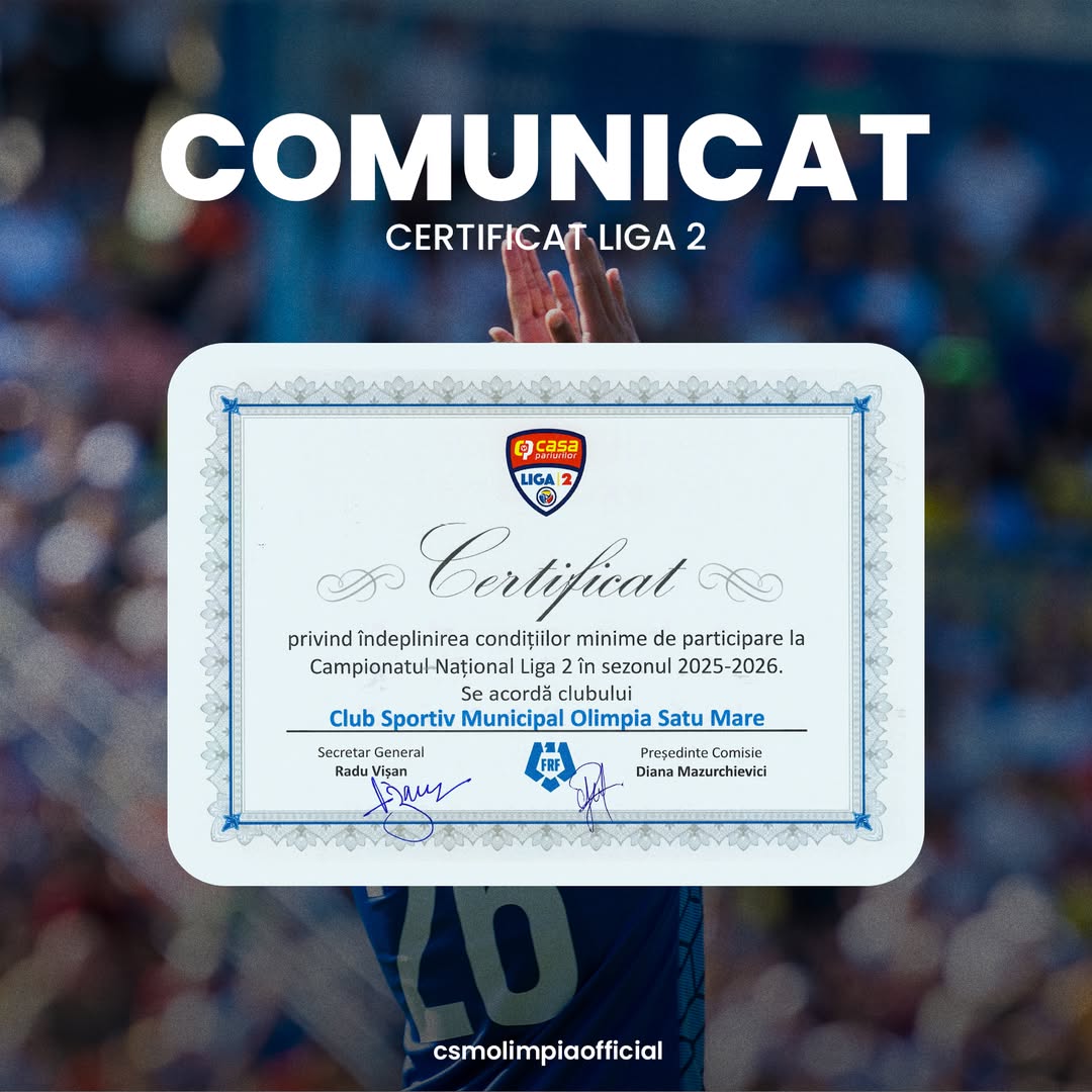 Clubul nostru primește certificatul Liga 2 pentru sezonul 2025-2026