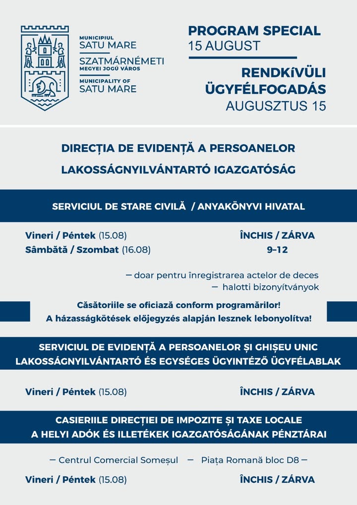 Program redus în 15 august la Primăria Satu Mare și serviciile conexe