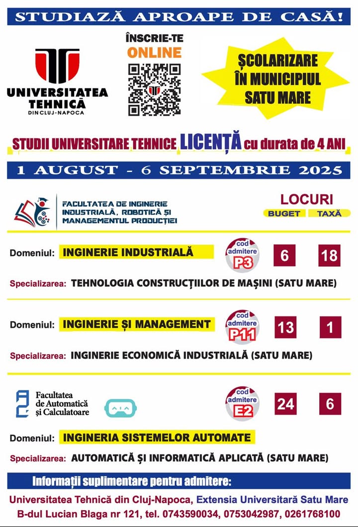 Înscrieri la admitere pentru extensia UTCN Satu Mare