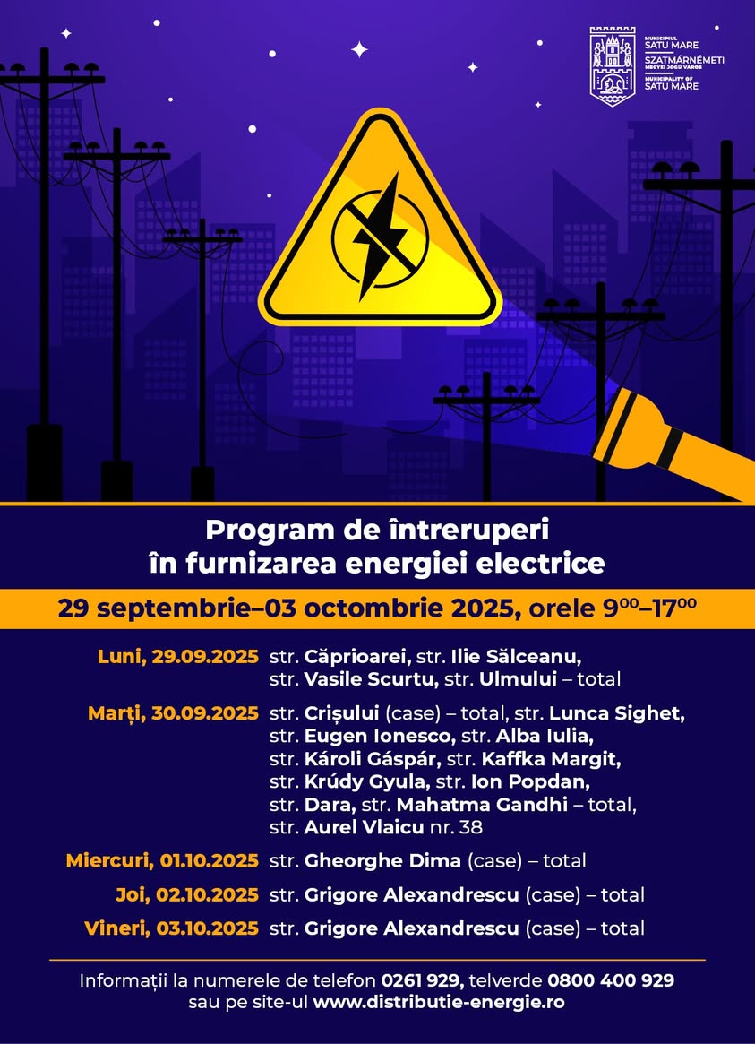 Întreruperi temporare de electricitate în Satu Mare