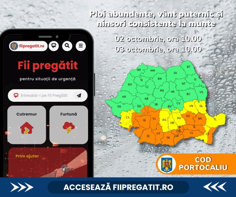 Avertizare meteo: ploi abundente și vânt puternic în perioada 2-3 octombrie