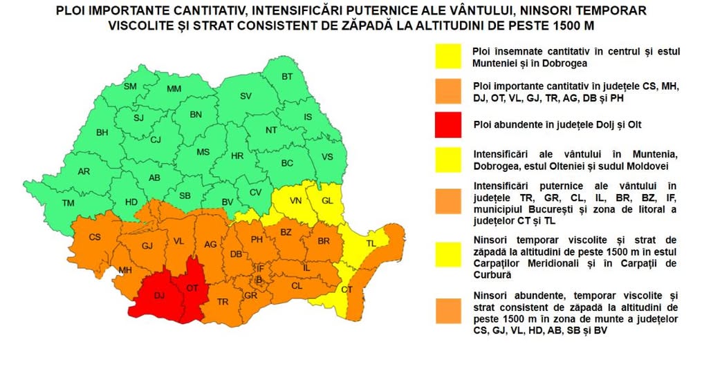 Avertizare meteo: ploi abundente, vânt puternic și ninsori în mai multe zone din țară