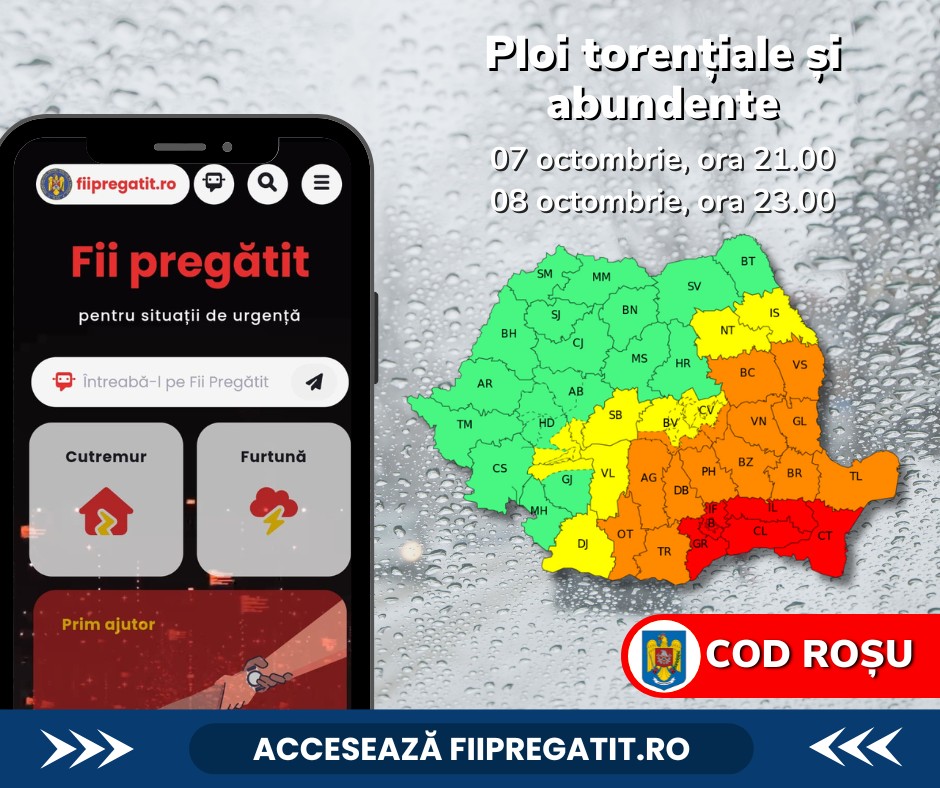 Avertizări de cod portocaliu și roșu pentru ploi torențiale în mai multe regiuni ale țării