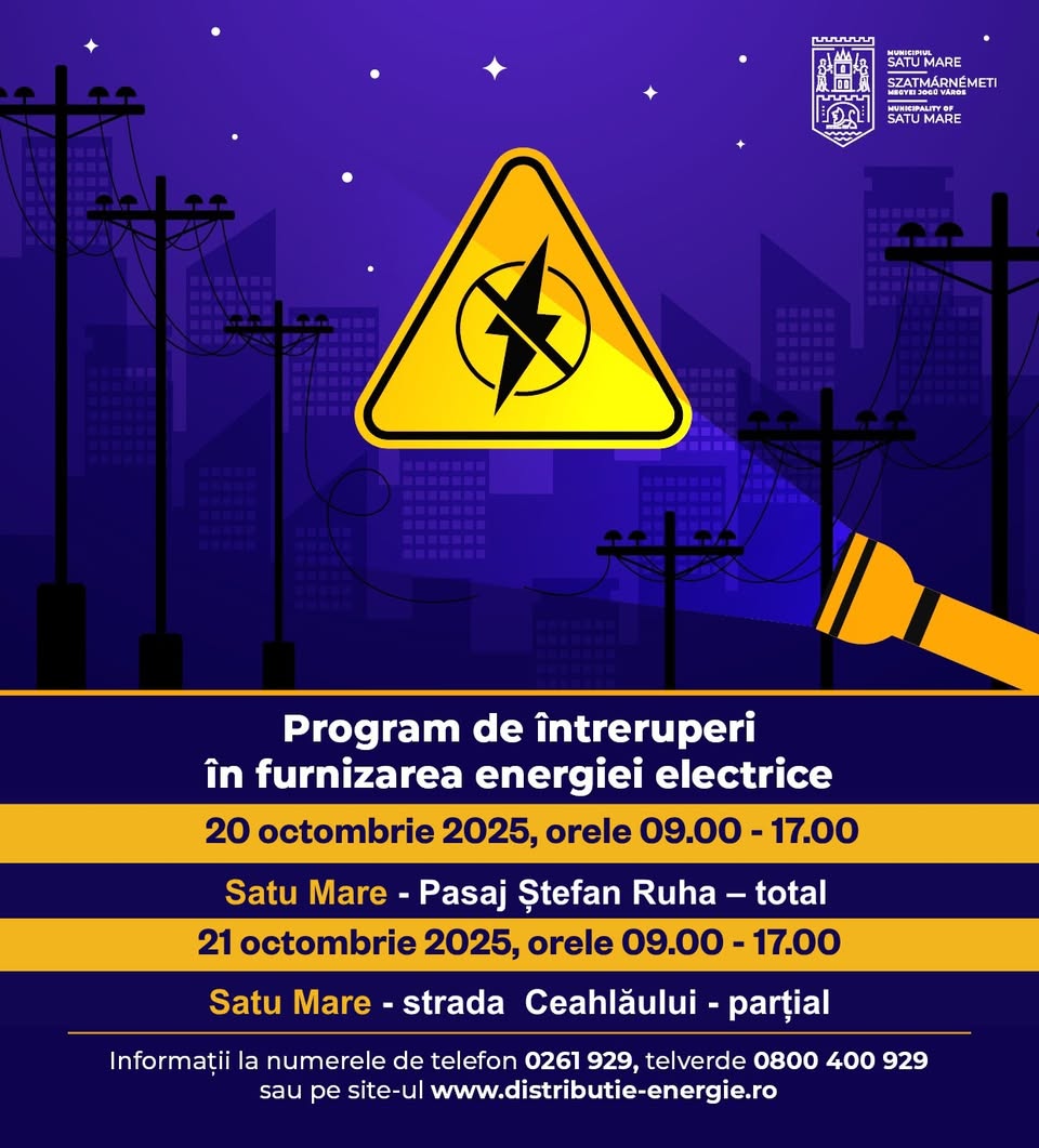 Întreruperi de curent în Satu Mare anunțate de Distribuție Energie