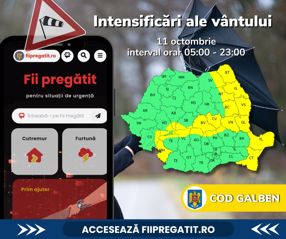 Vânt intens în mai multe zone ale țării până mâine seară