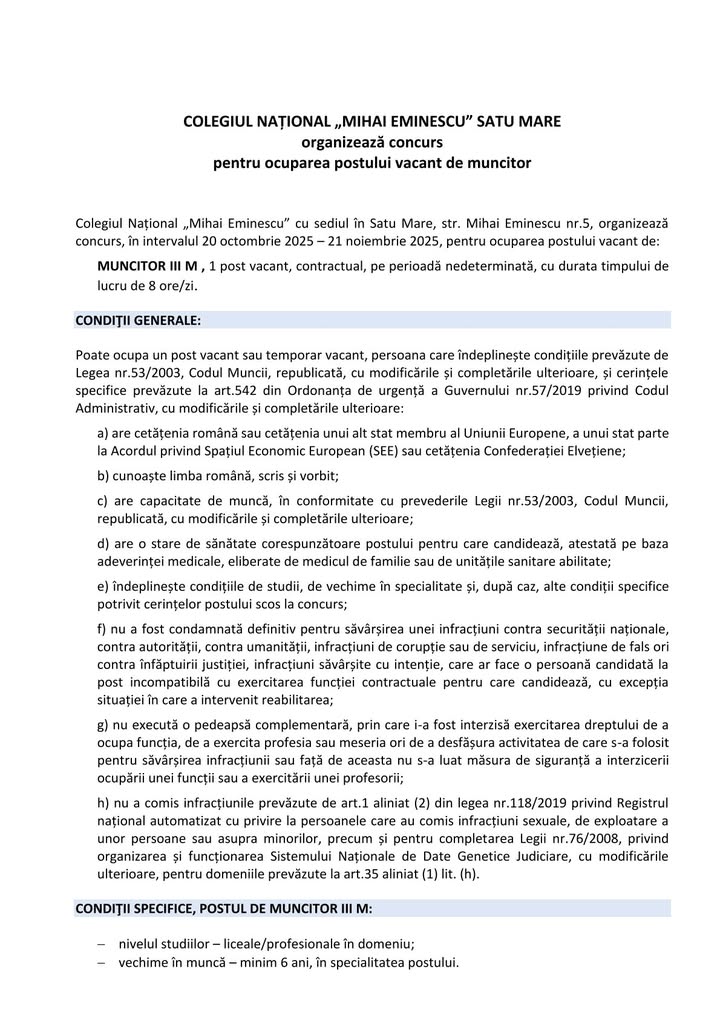Concurs pentru postul de muncitor la Colegiul Eminescu Satu Mare