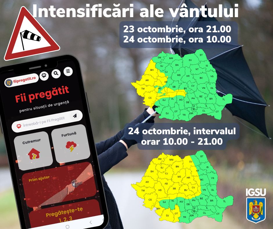 Avertizare de cod galben pentru vânt puternic în mai multe regiuni ale țării