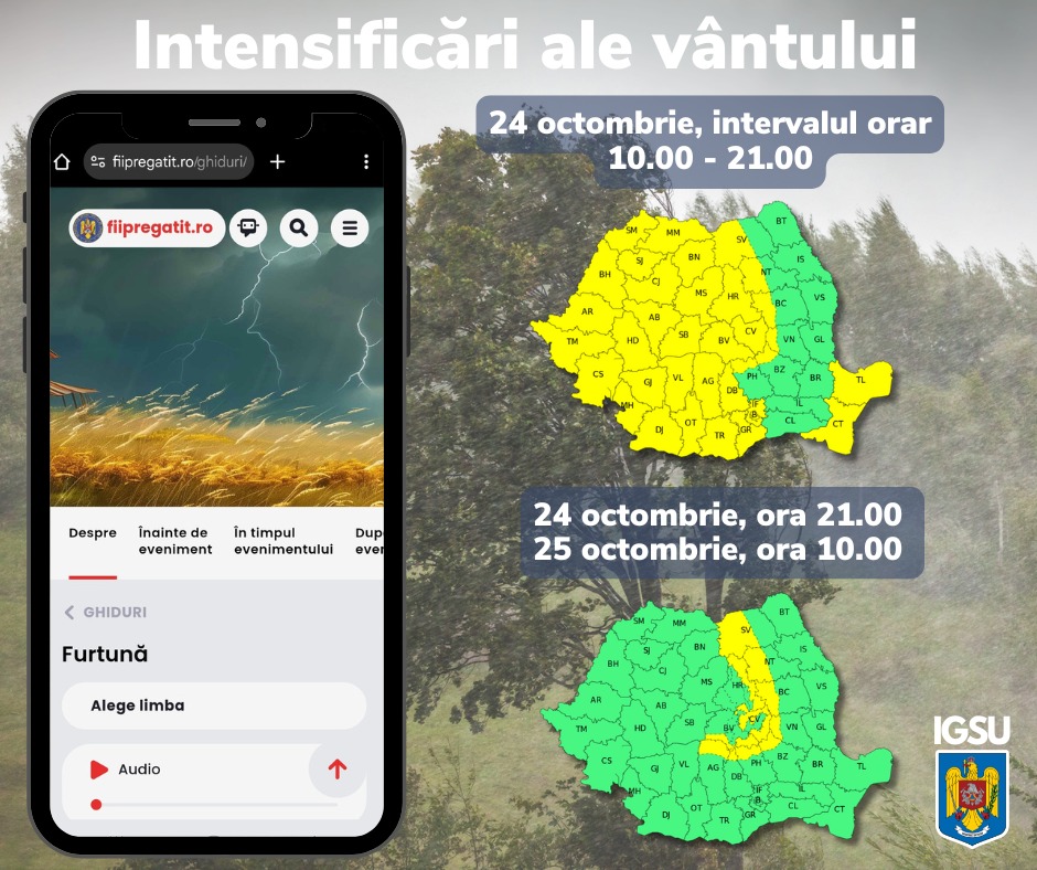 Vânt puternic afectează majoritatea țării, avertizează ANM