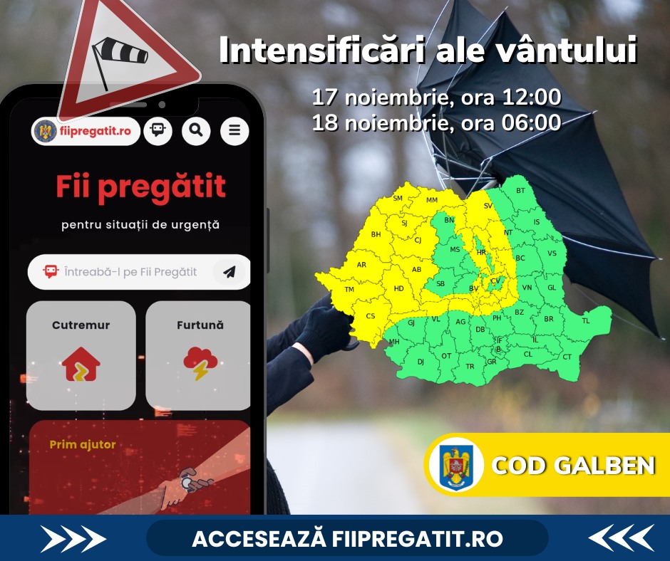 Avertizare meteo: vânt puternic începând de astăzi