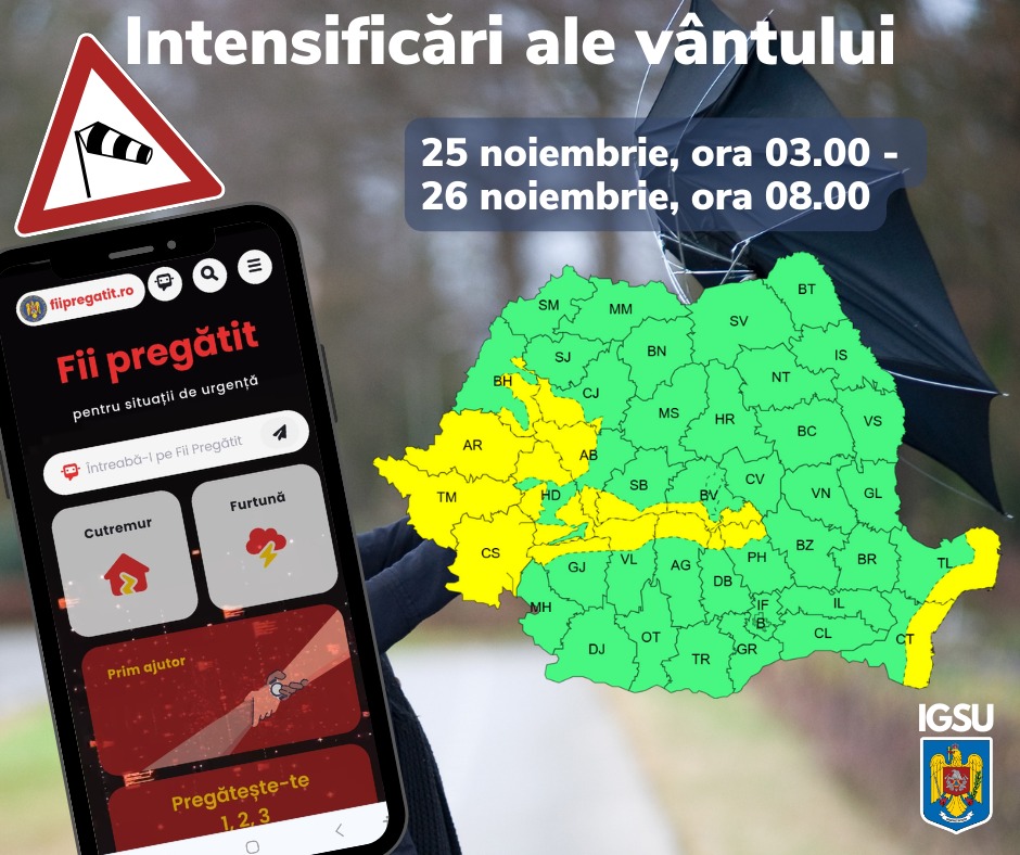 Atenționare COD GALBEN pentru vânt puternic în România