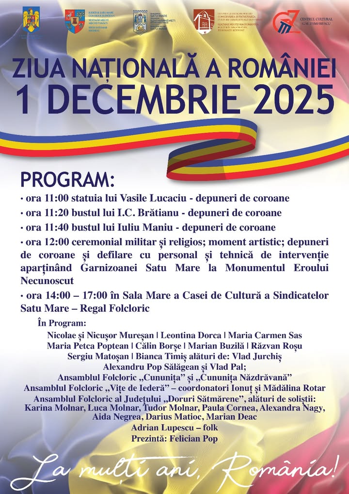 Manifestări culturale de Ziua Națională la Satu Mare